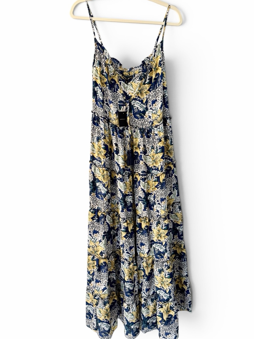 America & Beyond Tropical Cheetah Print Maxi Tiered Sundress S Resort New!